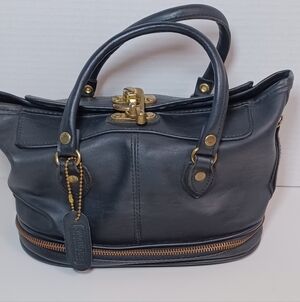 Monique Lhuillier Vintage 90's Black Faux Leather Satchel with Gold Accents